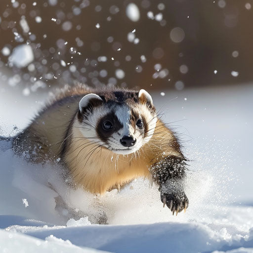 A black-footed ferret diving into the snow in pursuit