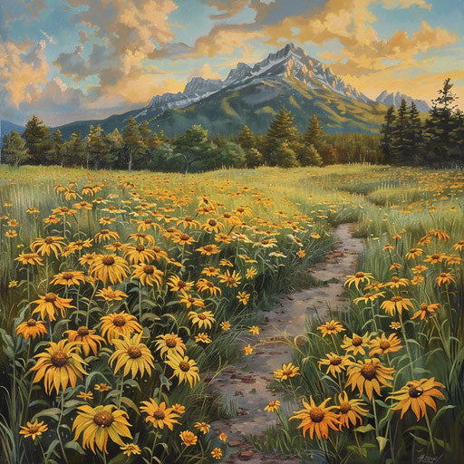 Path through flower meadow to distant mountain
