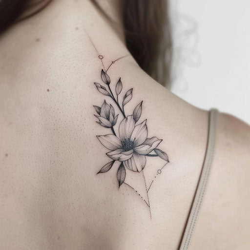 Elegant geometric tattoo illustration with delicate flower motif on white canvas
