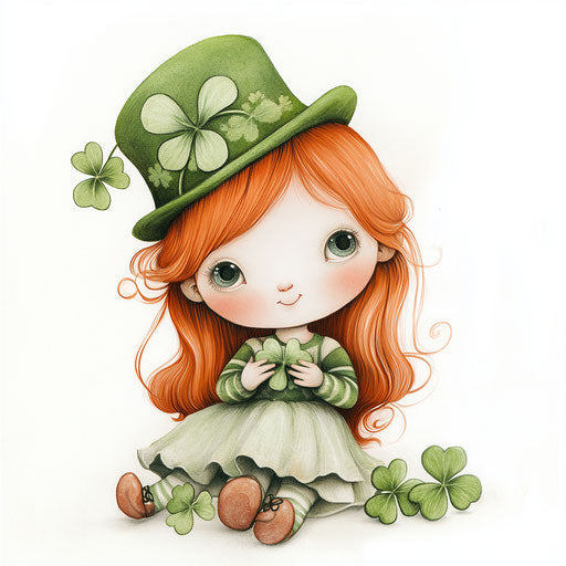 St. Patrick's Day, red-haired baby girl with leprechaun hat holding shamrocks