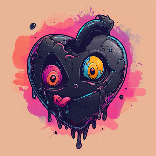 Black heart tattoo with cartoon expressions and vibrant colors