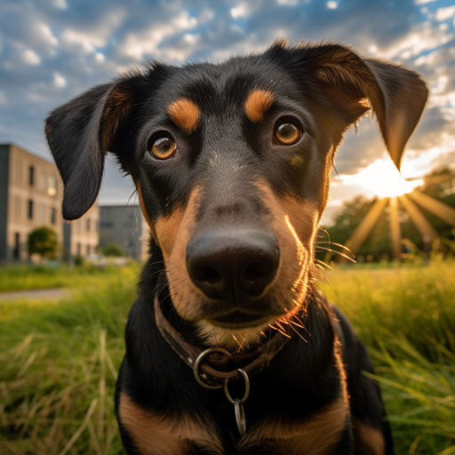 Dog on grass looking at camera, light orange and dark black style