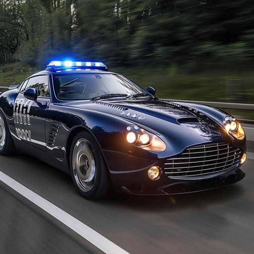 High-speed chase of a police cruiser version of the Aston Martin DB7 Zagato with sirens and lights