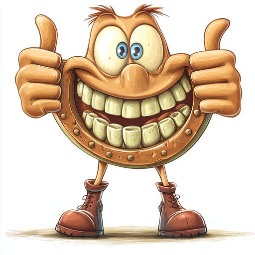 Humorous caricature of a horseshoe with exaggerated human characteristics