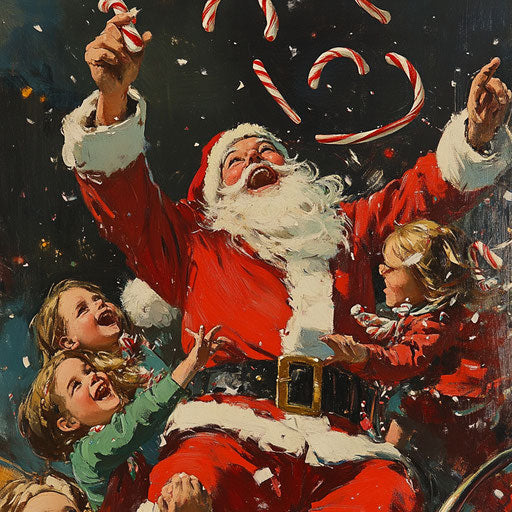 A joyful Santa tossing candy canes from his sleigh, laughter and excitement filling the air as children look up.