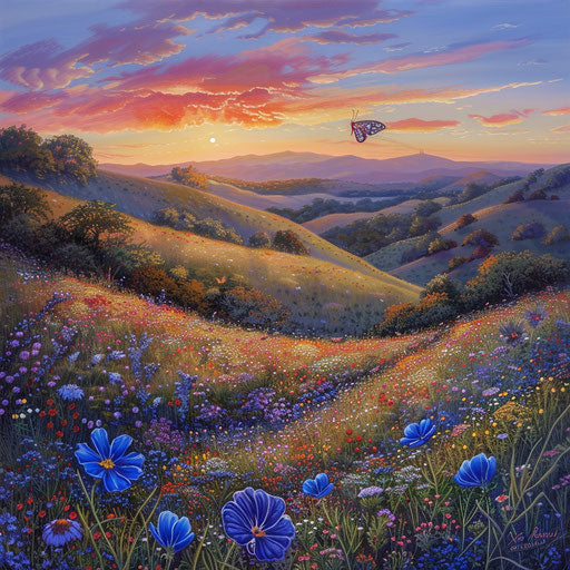 Vibrant sunset over rolling hillside