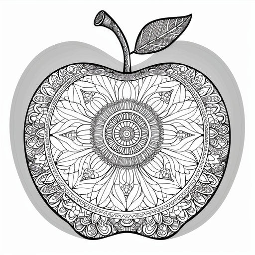 Decorated apple with mandala patterns. Coloring book page