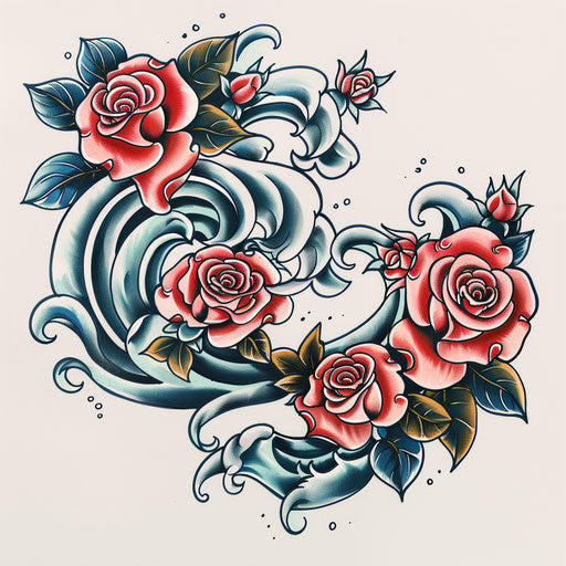 Traditional tattoo design of Cancer zodiac with roses and waves on white canvas