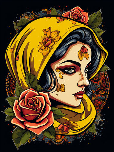 Woman with rose in head wrap, vibrant cartoonish style
