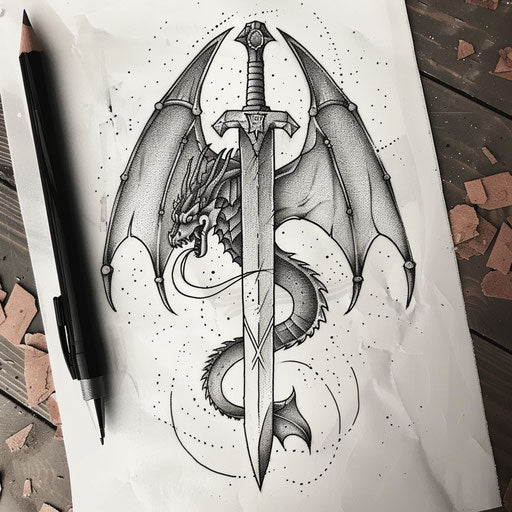 Classic flat tattoo sketch of a black dragon clutching a medieval sword