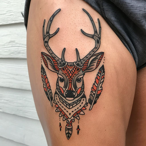 Native American-inspired deer tattoo, tribal patterns on white