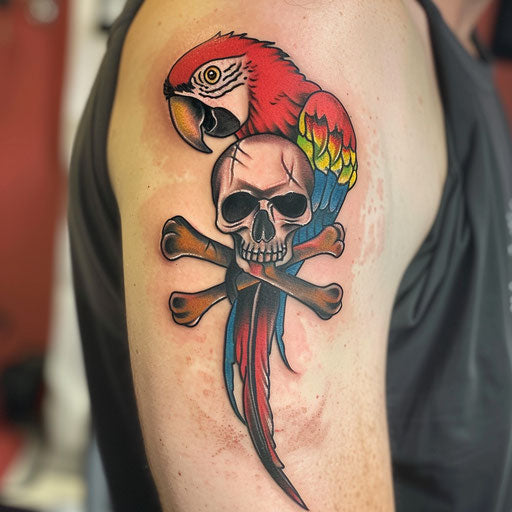Vibrant traditional pirate skull and crossbones with colorful parrot