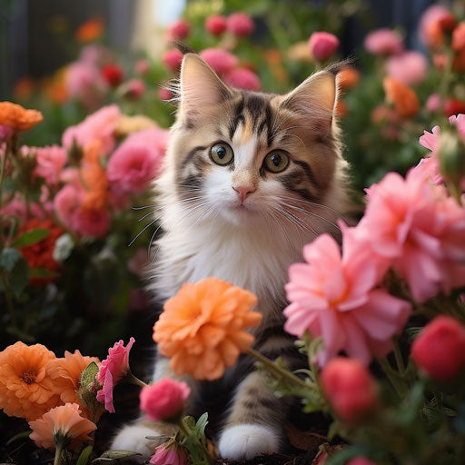 Manx cat in a flower bed with beautiful flowers
