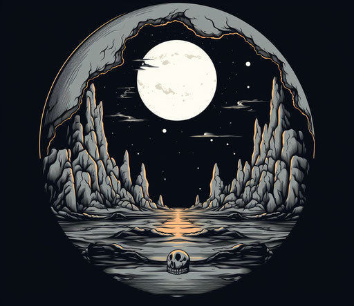 Skull and outline on the moon, grim realism, caricature-like