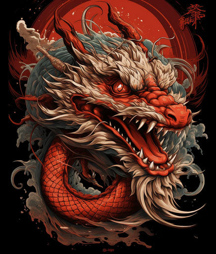 Red dragon tattoo, dark beige and red style