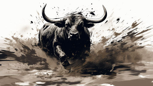 Black and white bull drawing, wet-on-wet style, dusty piles, animated gifs