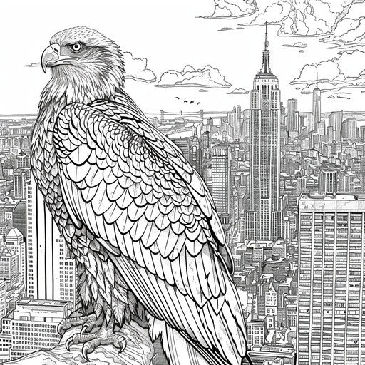Bald eagle in a detailed cityscape, in the style of Stephen Wiltshire, Coloring book page