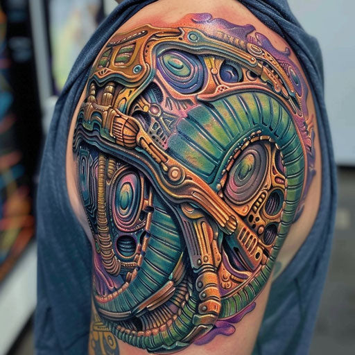 Psychedelic biomechanical shoulder tattoos for men