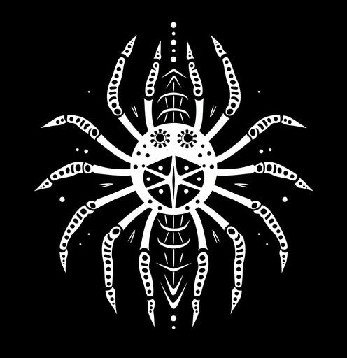 Black and white spider tattoo with prehistoric designs