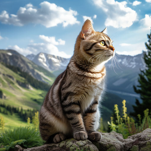 American shorthair cat sitting in front of mountain scenery
