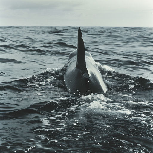 Dorsal fin of great white shark cutting through ocean surface