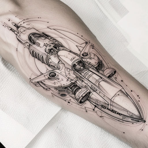 Biomechanical UFO tattoo blending machinery and organic shapes to create unique spacecraft on white background