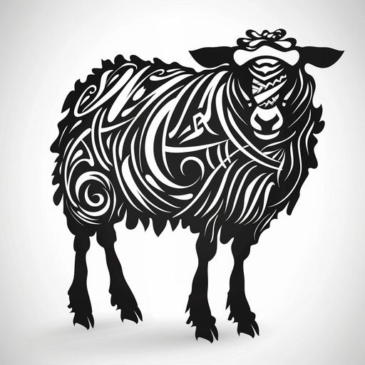 Digital art of a black sheep with tribal tattoos, designed as a tattoo template, on a white setting.