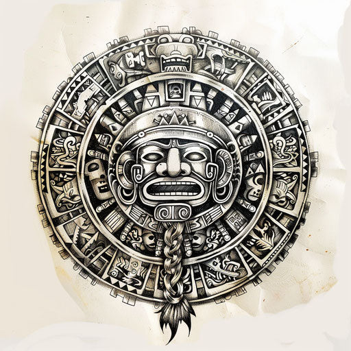 Exotic flat tattoo sketch of the Cruz enhanced with traditional Aztec or Mayan patterns