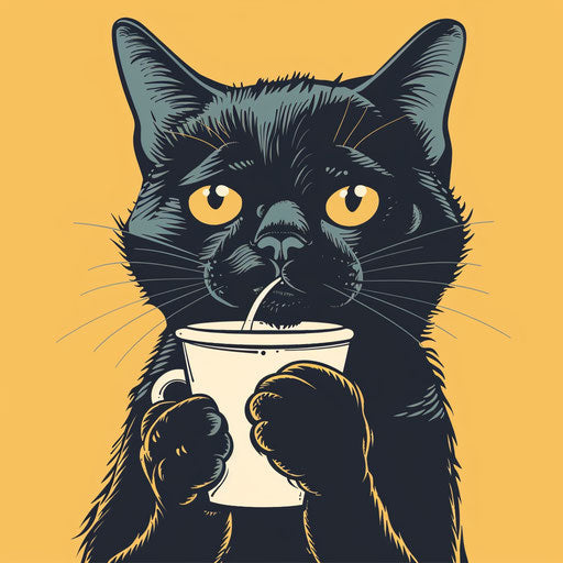 Whimsical tattoo sketch of a cat drinking coffee