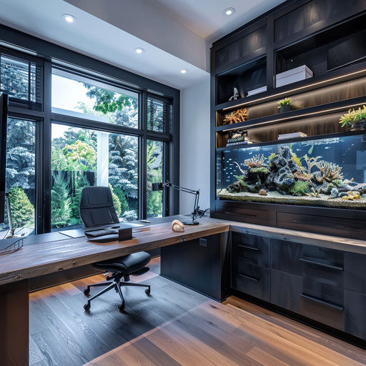 Home office with built-in aquarium wall
