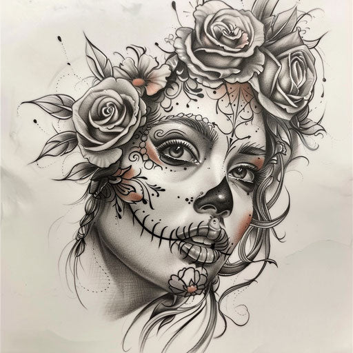 Sketch of a Chicano art woman's face with roses, soft and intricate