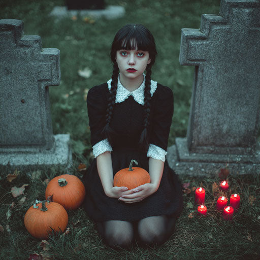 Solemn woman seated among pumpkins in a graveyard