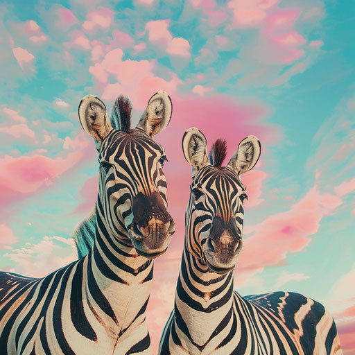 Zebras against a colorful sky, dynamic and vibrant, in the style of Tim Flach