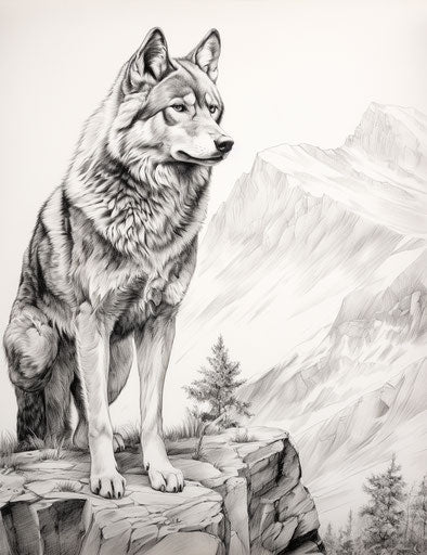 The wolf gazes at the mountain, hand-colored style 24:31