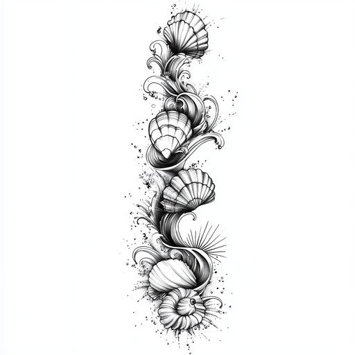 Flat tattoo sketch lower leg ocean waves seashells