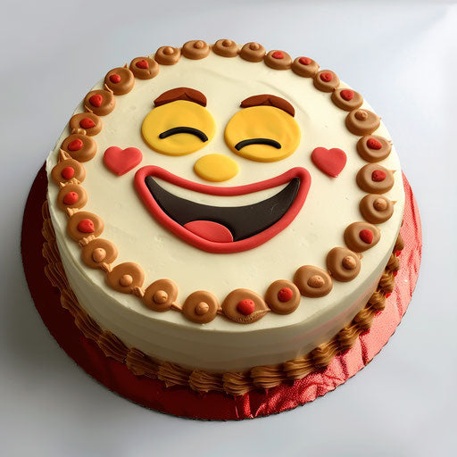 White cake with red border and laughing face emoji