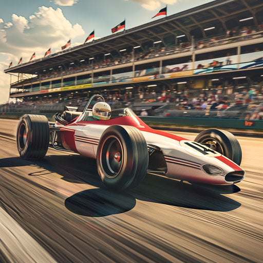 Vintage car race on track with fans in the background