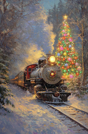 Vintage train lit up by colorful Christmas decorations