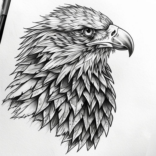 Blackwork eagle tattoo design, dotwork and linework shading on white background