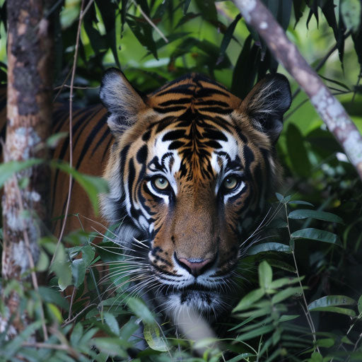 A Sumatran tiger through the dense foliage