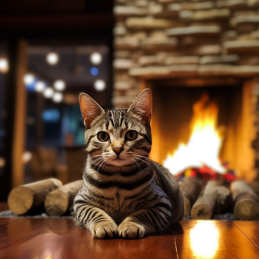 An American Shorthair cat in front of a fire in a fireplace