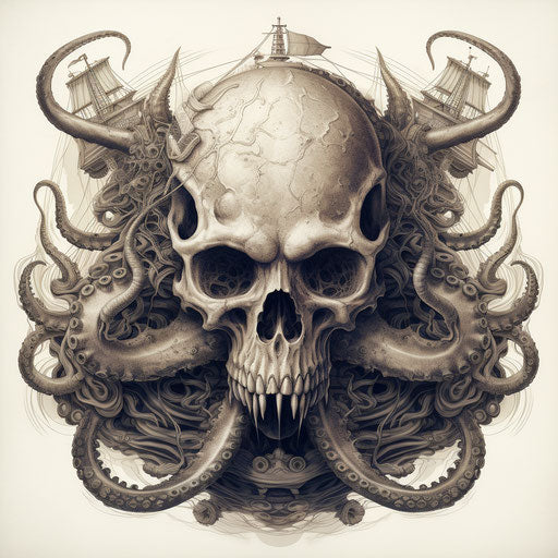 Octopus with skull and ship