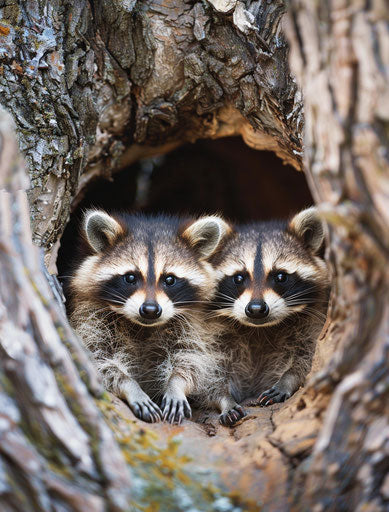 Two raccoons in a tree hole