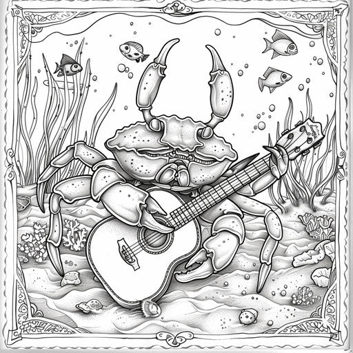 A whimsical crab playing a guitar under the sea