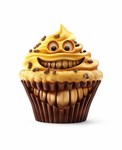 Yellow smiling cupcake with brown frosting on white background