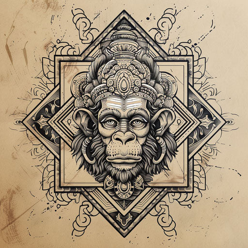 Flat tattoo sketch inspired by art deco with Hanuman framed by symmetrical patterns