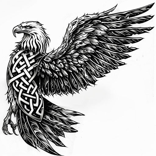 Celtic eagle tattoo design with knotwork on white background