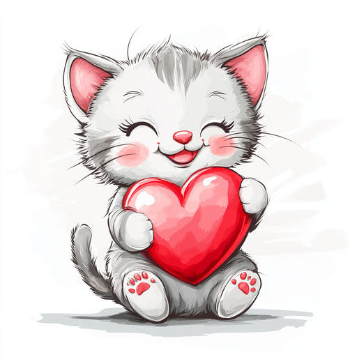 Cute baby cat holding red heart, digital illustrations style