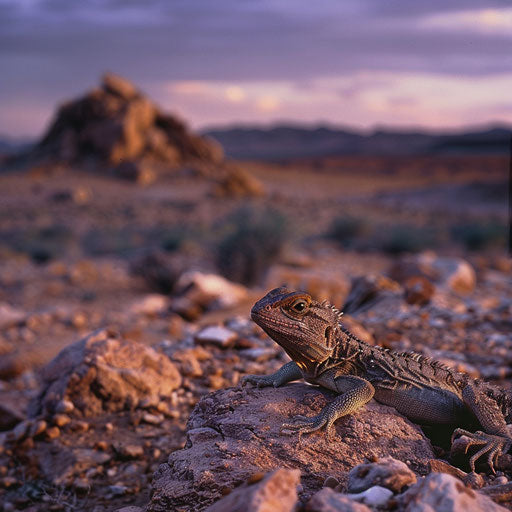A lizard in a rocky desert at twilight in the style of Frans Lanting