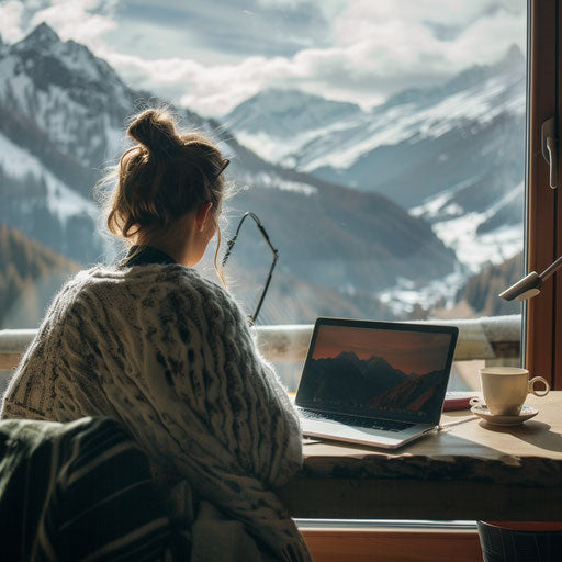 Freelance professional working remotely with scenic backdrop